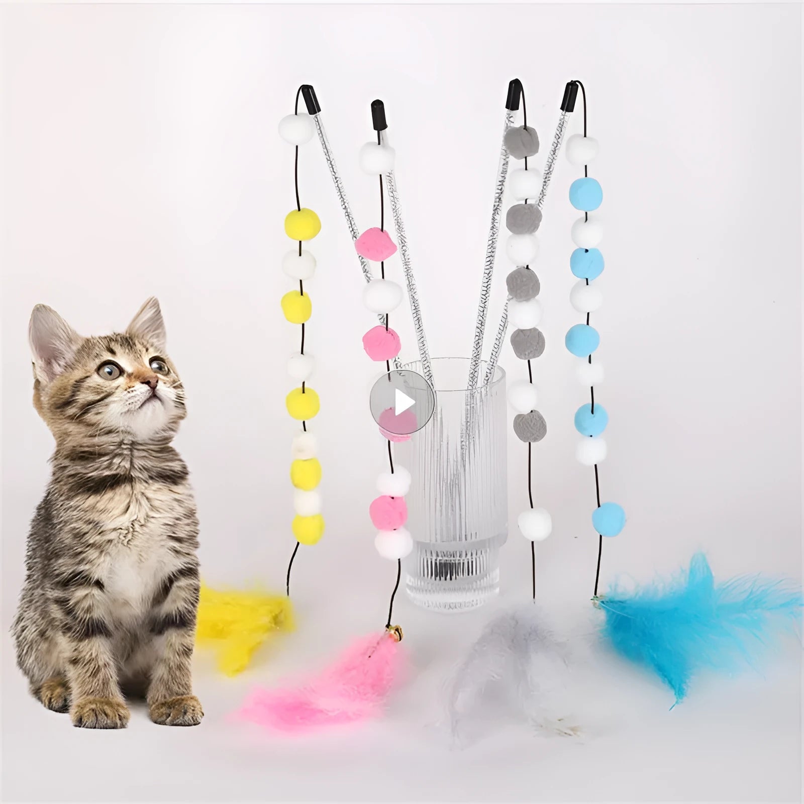 31cm long cat teaser interactive toy rod with bell and pompon feather attachments