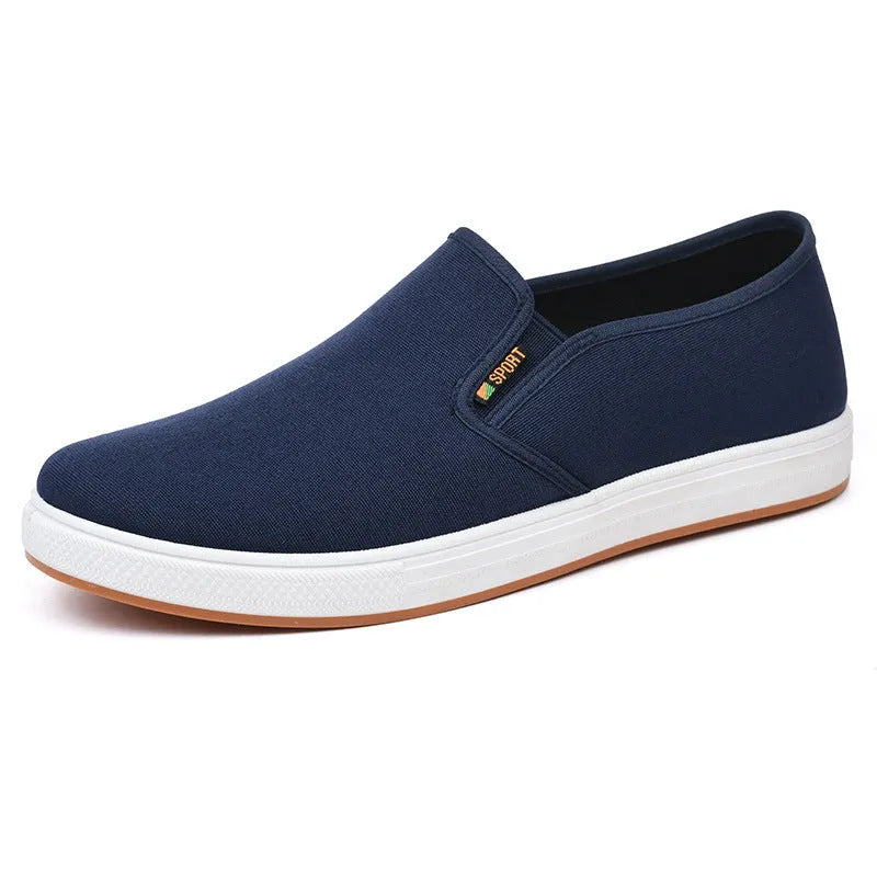 Men's black and blue canvas slip-on shoes with round toe and composite soles