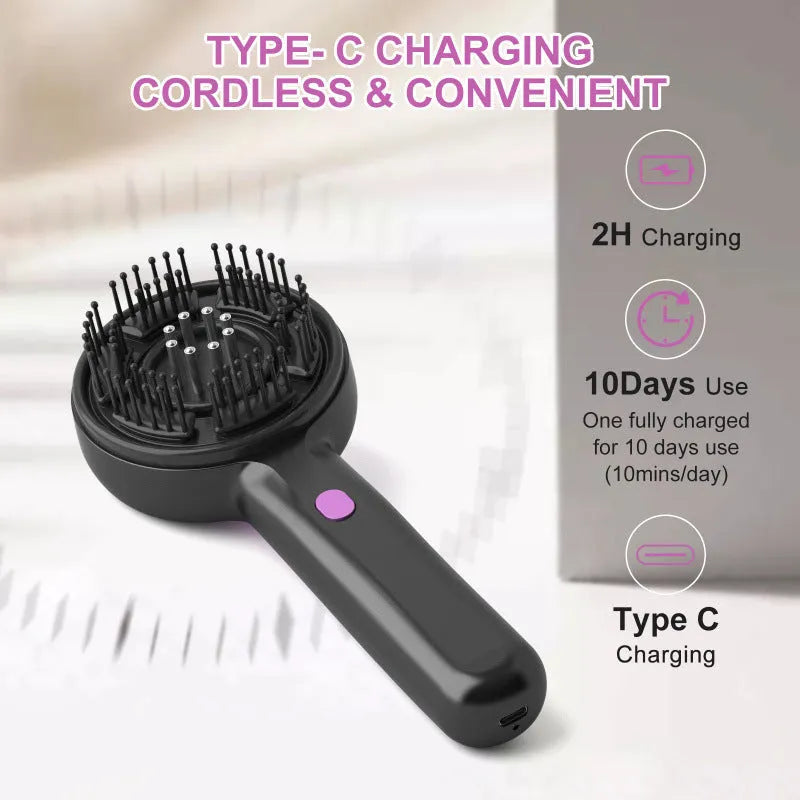 A grey, black, or red USB-powered vibrating head comb massager with a brush head and 2-speed control.