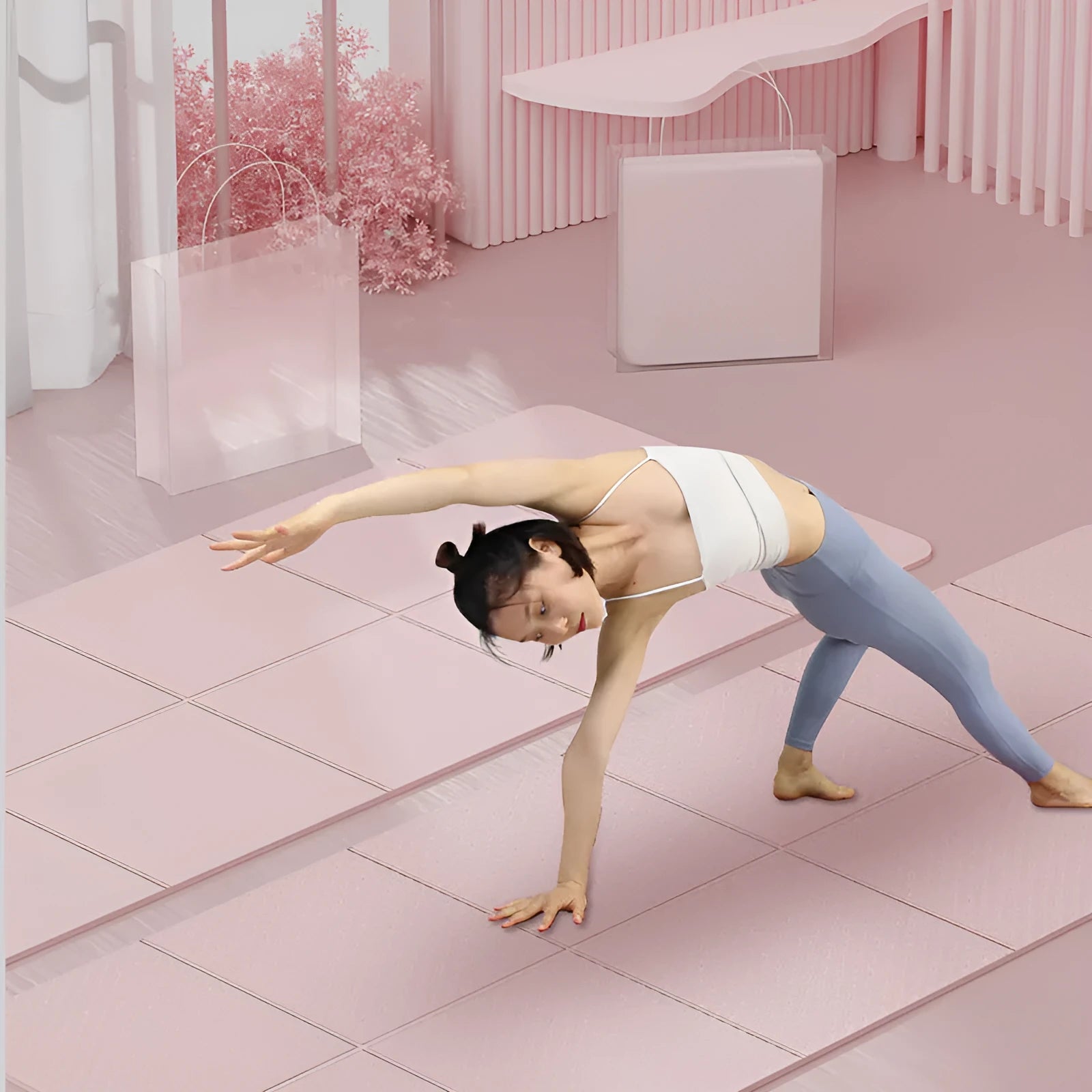Blue portable folding TPE gymnastic mat for yoga and home fitness, shown unfolded and folded.