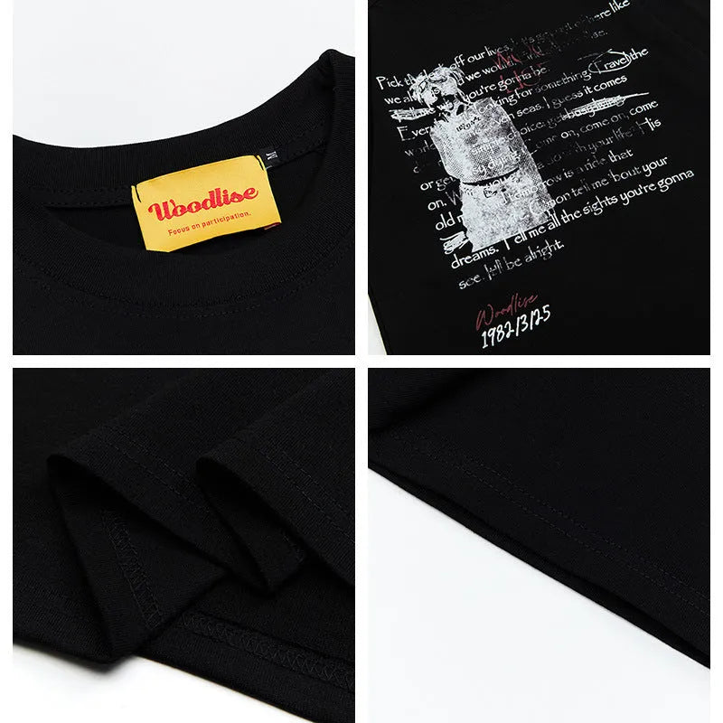 Men's black loose fit cotton t-shirt with white printed letter pattern and raglan sleeves
