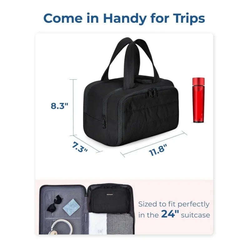 Large travel toiletry bag with wide open top showing interior capacity