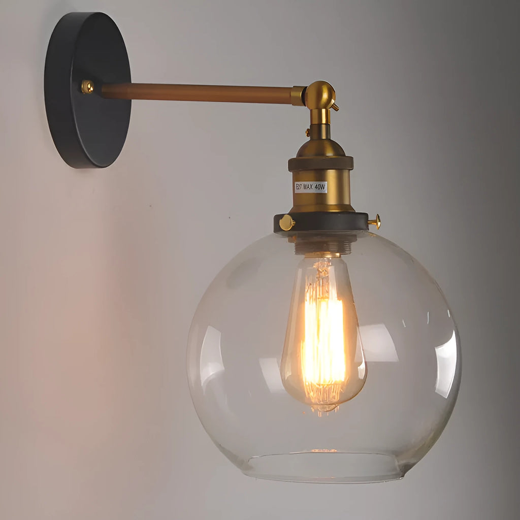 Retro round glass wall lamp with aluminium holder, shown in amber, smoky grey, and transparent finishes.