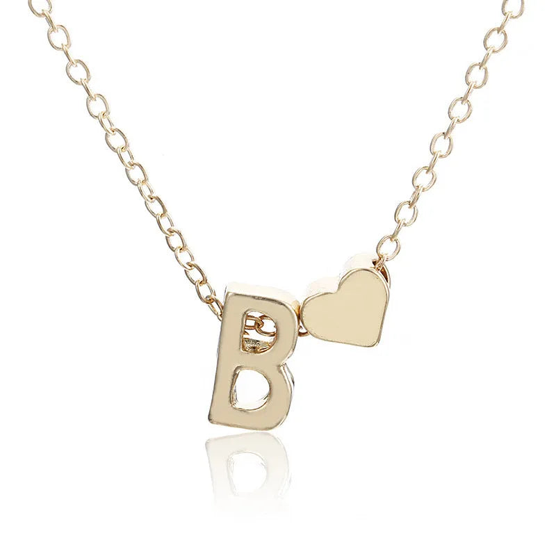 Peach heart shaped letter necklace pendant in gold or silver alloy metal
