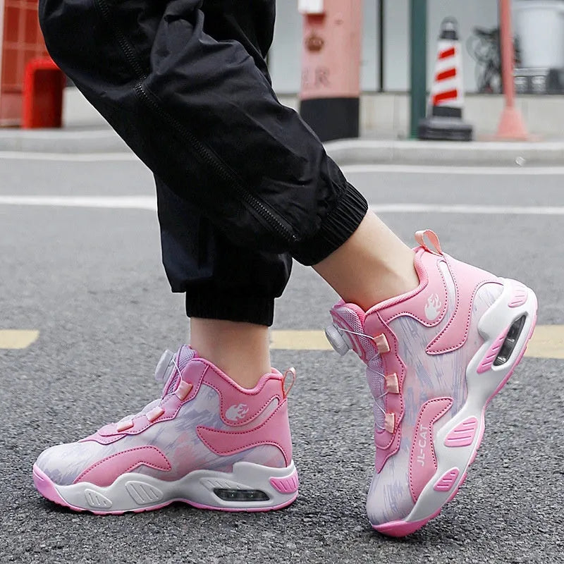 Children's rotating button running shoes in synthetic leather with waterproof design