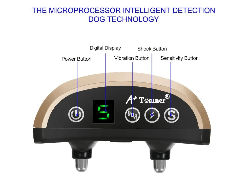 Digital anti-bark dog training collar with adjustable reflective strap and control unit display.