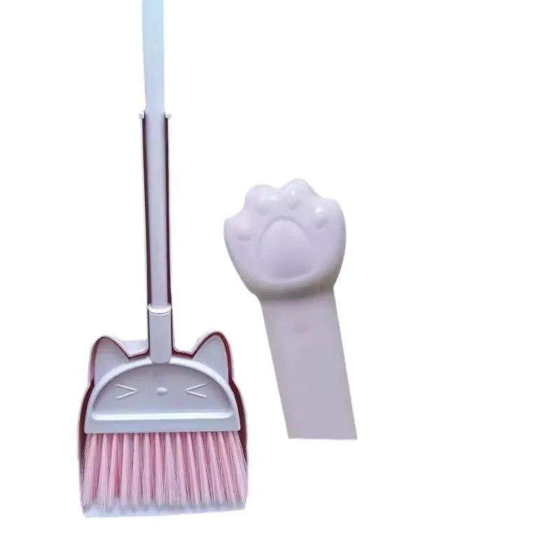 Purple, green, or beige plastic broom and dustpan set with non-stick rotating head and brush holder