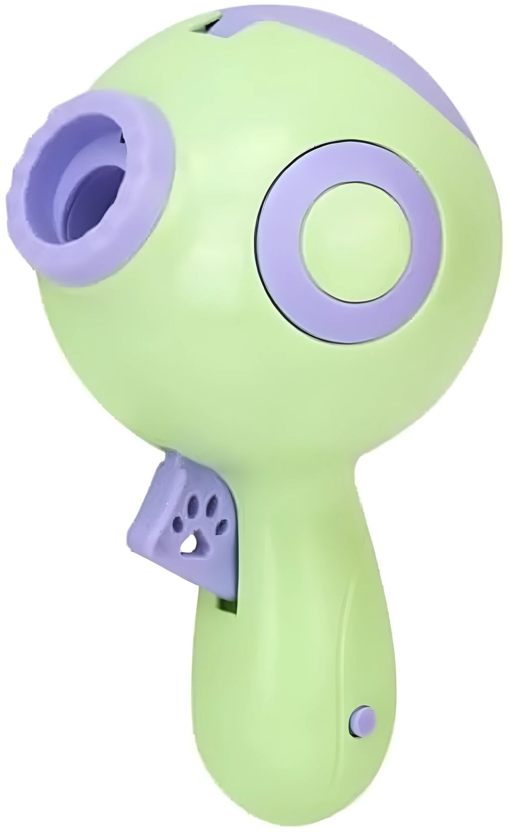 Green, orange or pink plastic dog treat launcher toy measuring 15.5cm with food dispensing and training functions