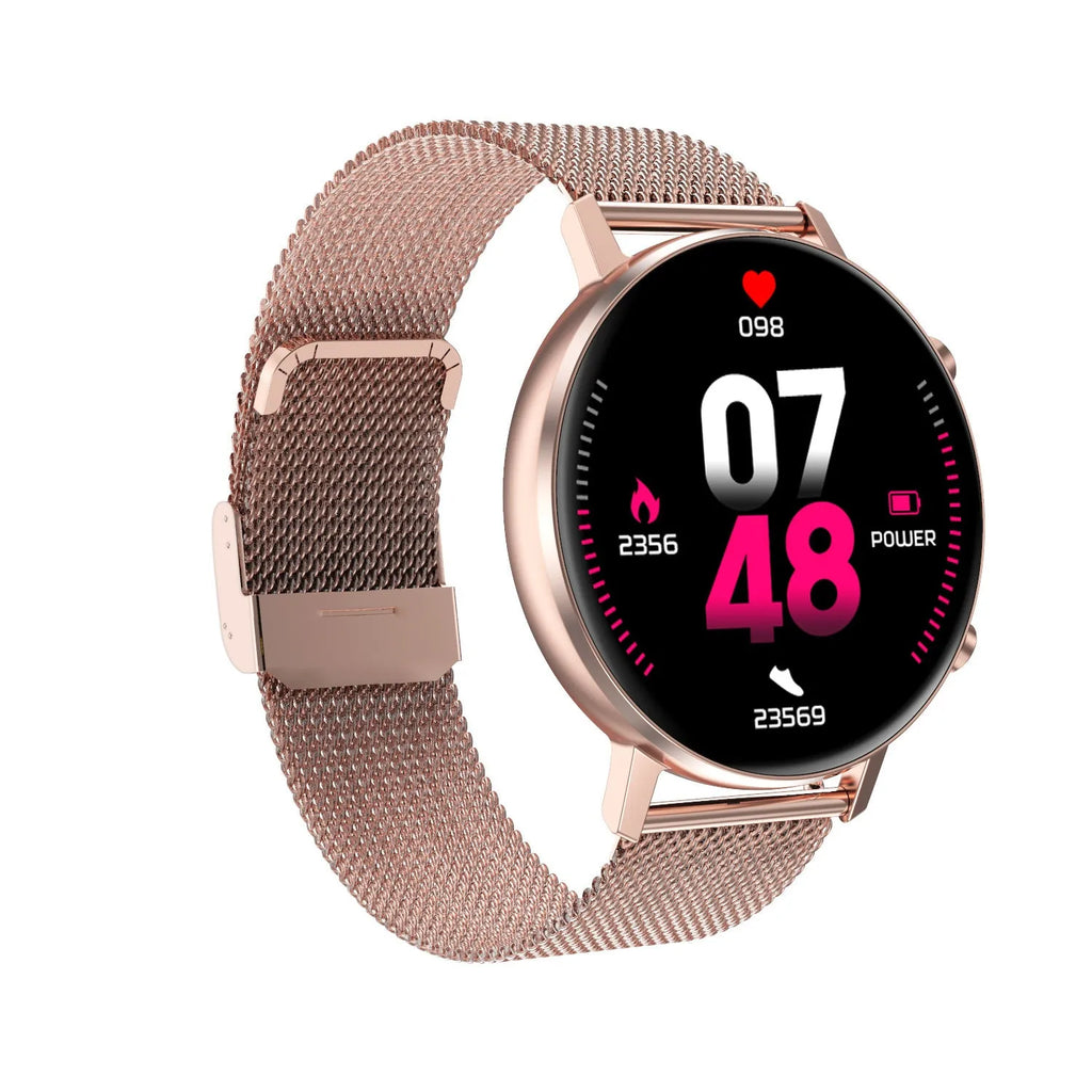 DT96 smart bracelet with 1.3 inch screen and steel strap in black, rose gold, or silver colours