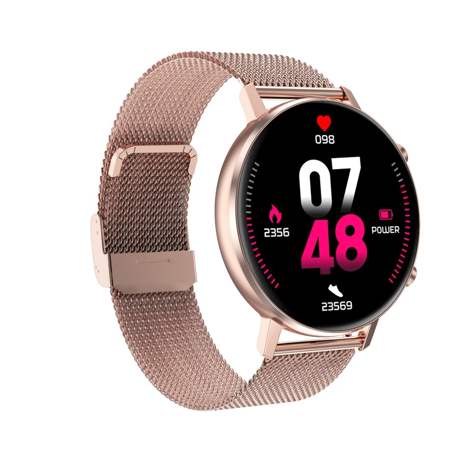 DT96 smart bracelet with 1.3 inch screen and steel strap in black, rose gold, or silver colours