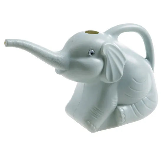 Pink plastic baby elephant-shaped watering can with a long nozzle and handle.