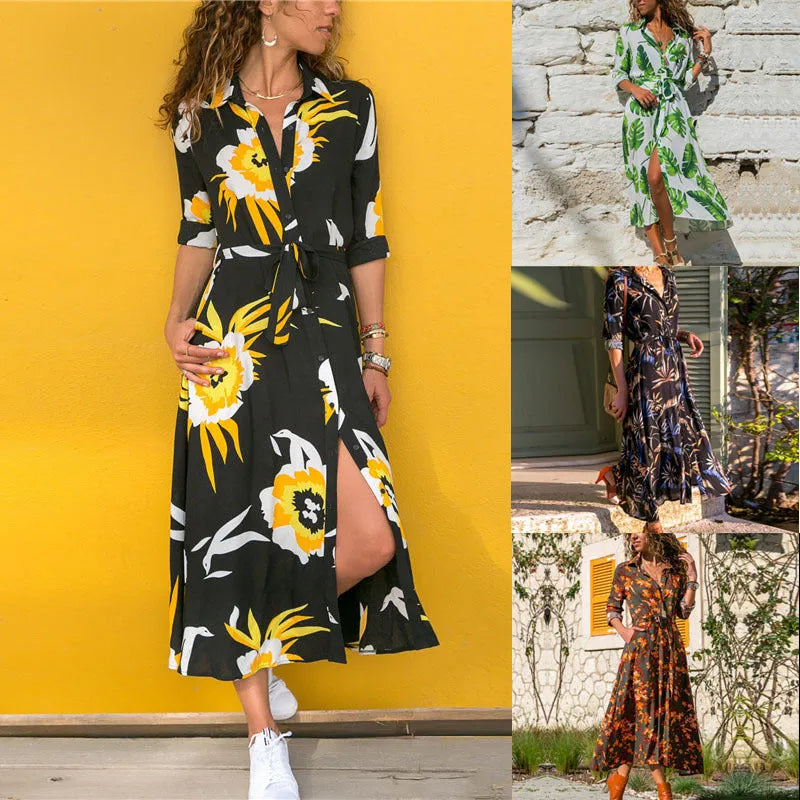 Women's printed chiffon V-neck dress with an A-line skirt on a hanger.