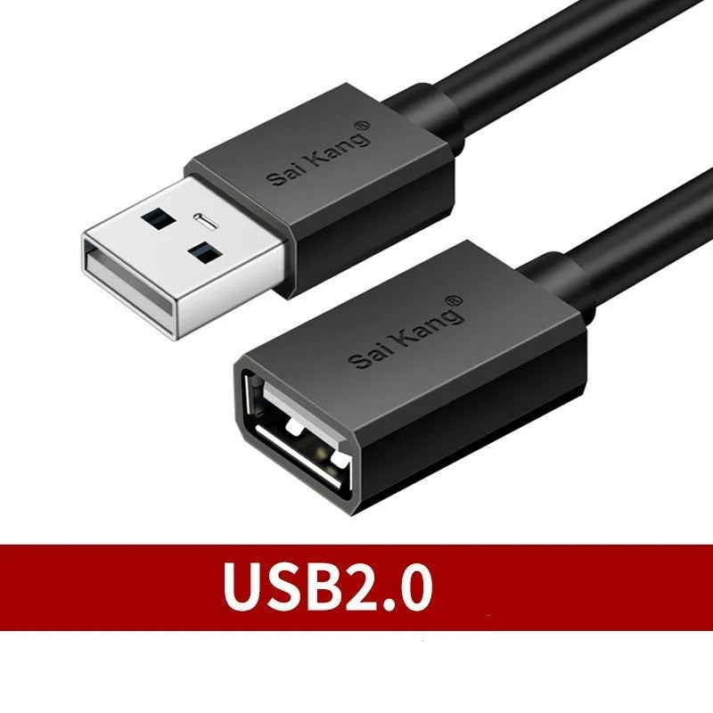 Black USB male to female extension cable showing connector details and available in multiple lengths