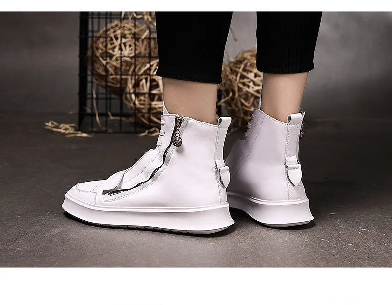 PU leather men's winter ankle boots in high-top sneaker style, black and white options