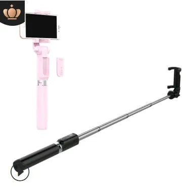 Black aluminium alloy Bluetooth selfie stick with tripod bracket extended, holding smartphone