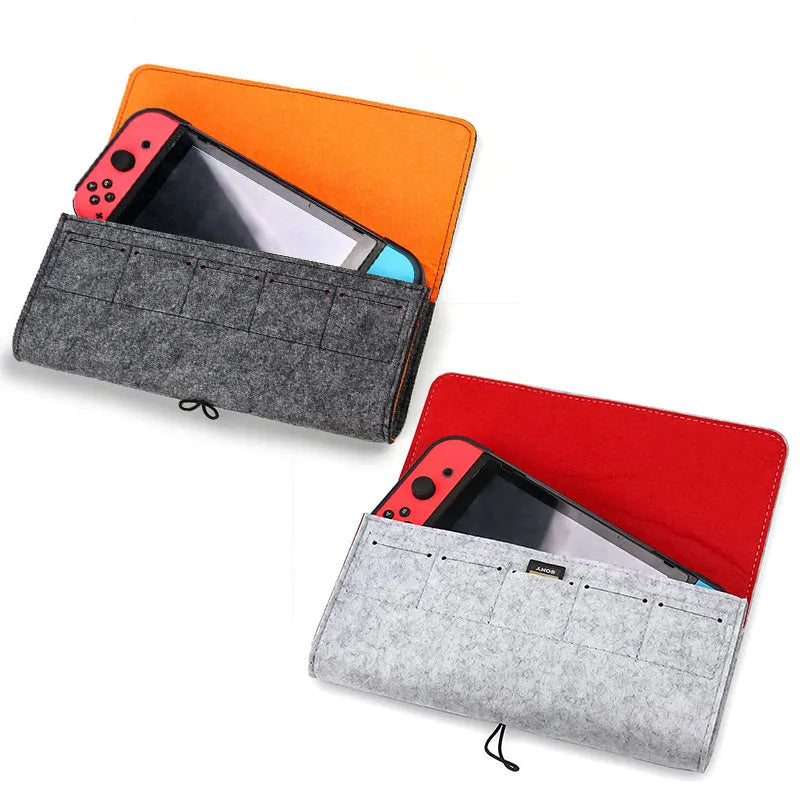 Black felt Nintendo Switch carrying case showing game card slots and storage compartments