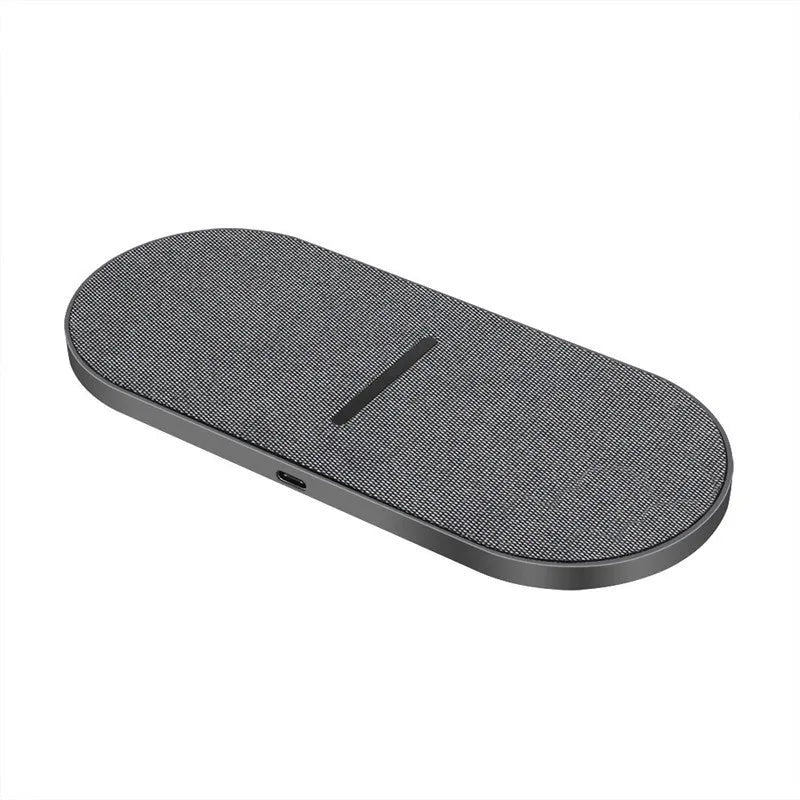 Black wireless charger with two charging pads for simultaneous device charging
