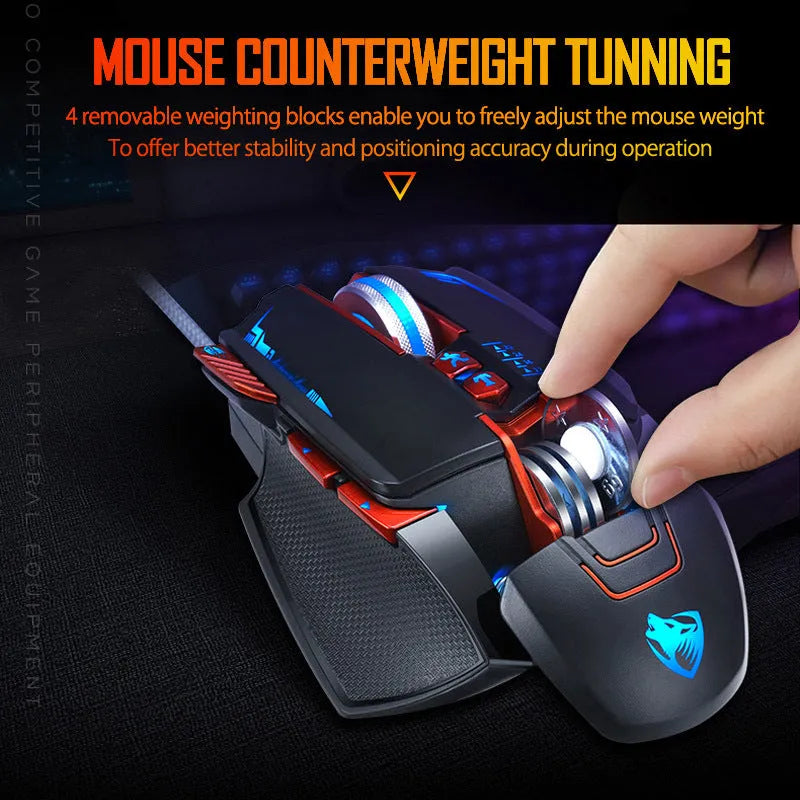 Thunder Wolf V9 black wired gaming mouse with ergonomic shape and 6 keys on a desk