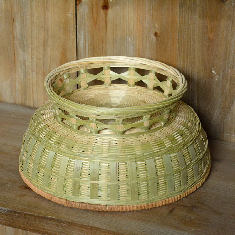Handmade bamboo storage basket with three compartments measuring 26x8cm, 25x9cm, and 24x12cm