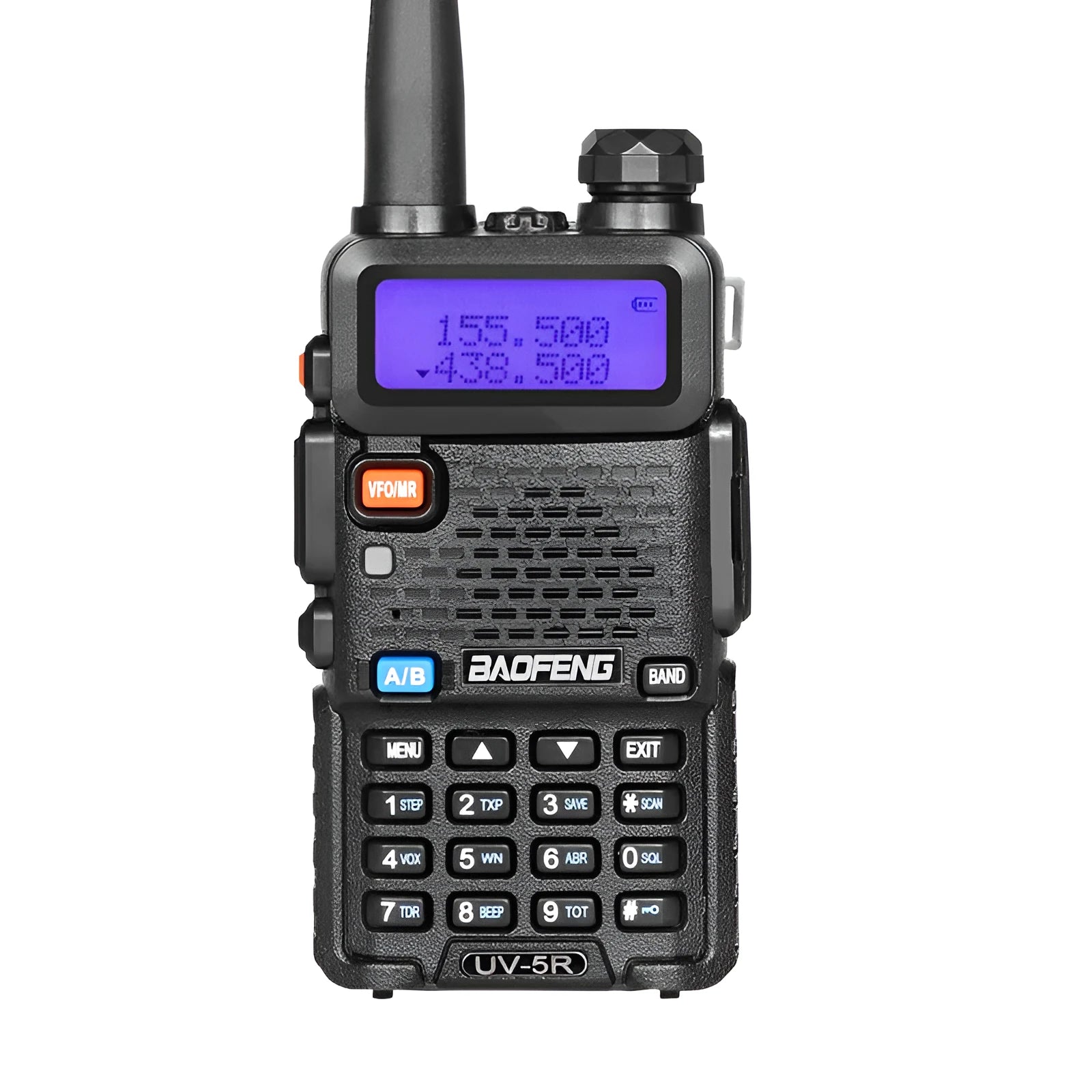 Black dual band walkie talkie with antenna showing LCD display and keypad