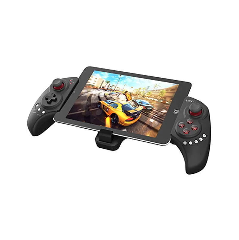 Wireless telescopic mobile game controller extended with phone inserted, showing buttons and adjustable grip