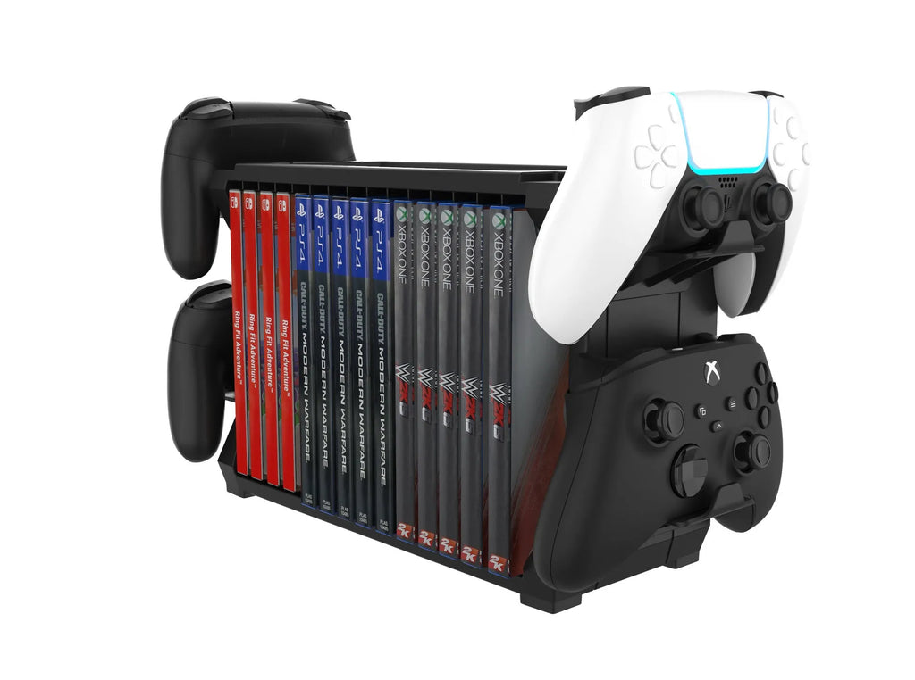 Black ABS plastic PS5 and Xbox Series X disc holder with slots for games and rests for four controllers.