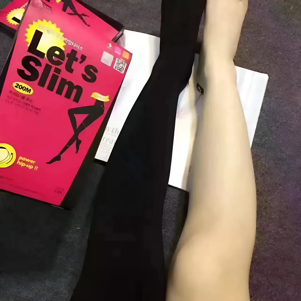 Beige and black stovepipe socks made from polyester for lifting hips and abdomen, shown in one-size fit.