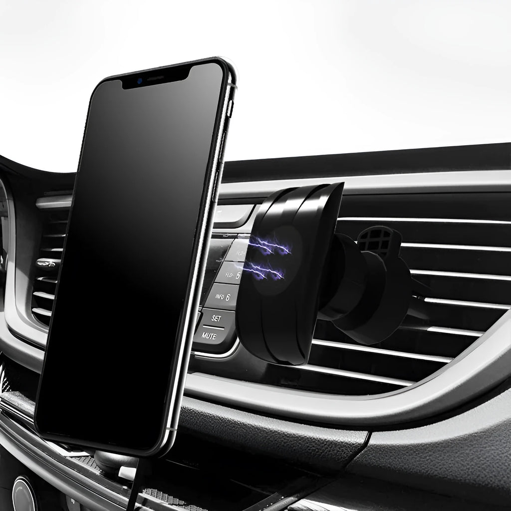 Black car phone holder mounted on car air vent with smartphone secured in adjustable clamp
