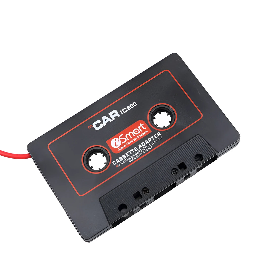 Black MP3 car cassette adapter with 3.5mm jack plug for connecting phones and music players.