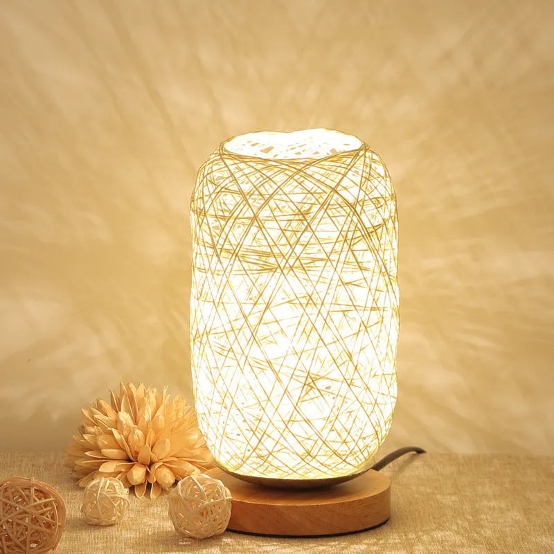 Sepak Takraw desk lamp made from hemp rope with solid wood base and LED light