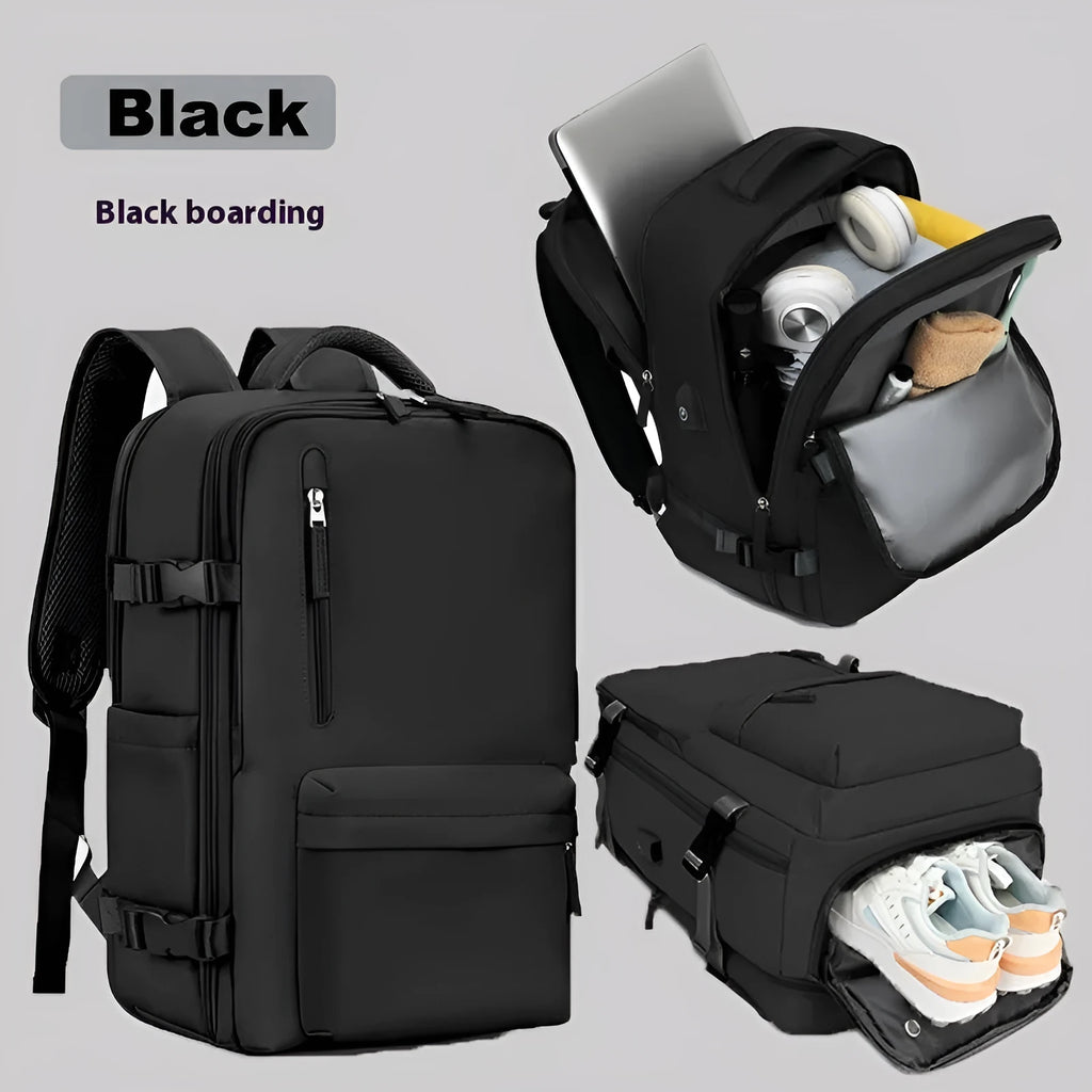 Large capacity women's travel backpack in light grey colour with curved shoulder straps