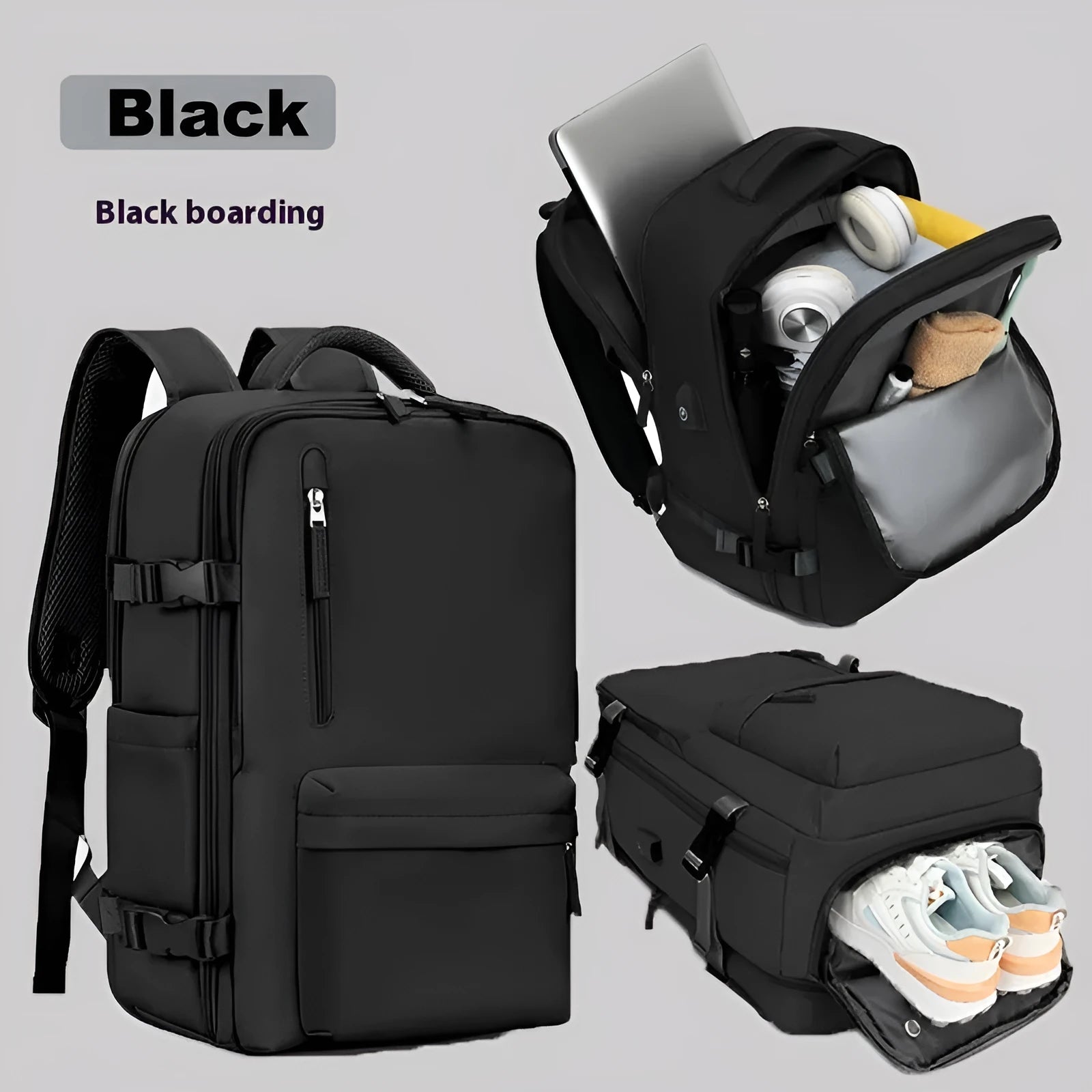 Large capacity women's travel backpack in light grey colour with curved shoulder straps