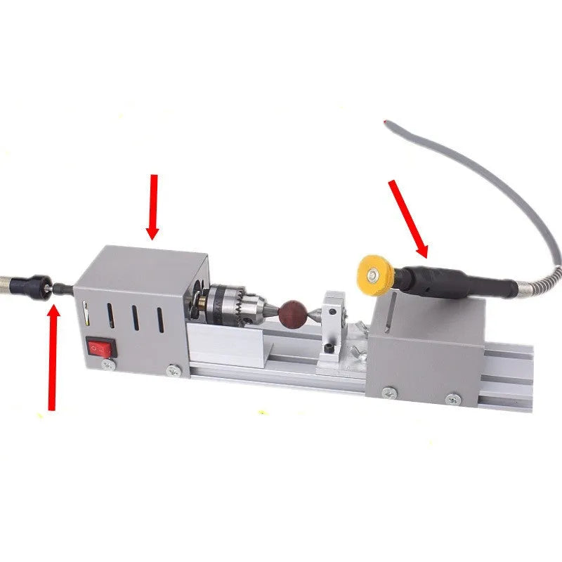 Mini manual woodworking lathe in silver metal finish with 140mm processing capacity