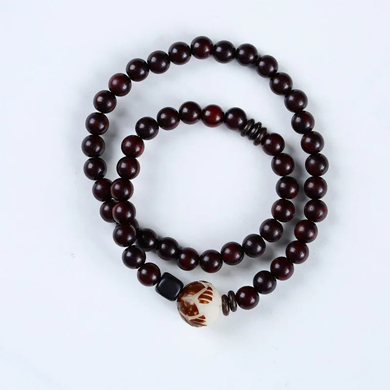 Natural rosewood double-ring bracelet with 10mm flower beads and retro knitting construction