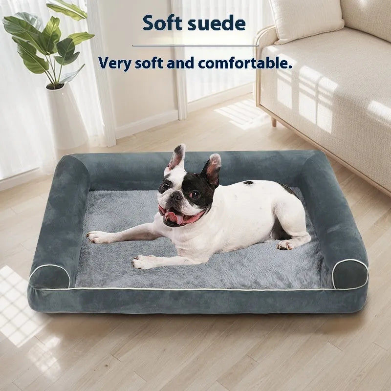 Square cloth-covered sponge dog bed in beige colour, shown in a medium size.