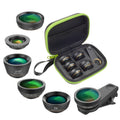 Black 6-in-1 smartphone camera lens kit with universal clip attachment showing fisheye, macro, wide-angle and telephoto lenses