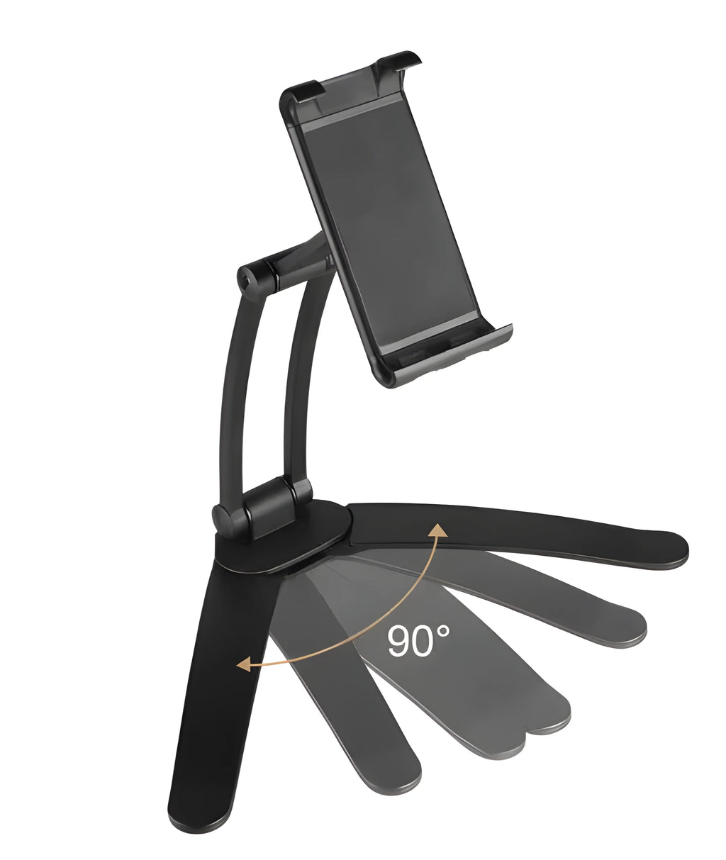 Silver aluminum alloy desktop stand holding a tablet, showing 360-degree adjustable arm and clamping mechanism.