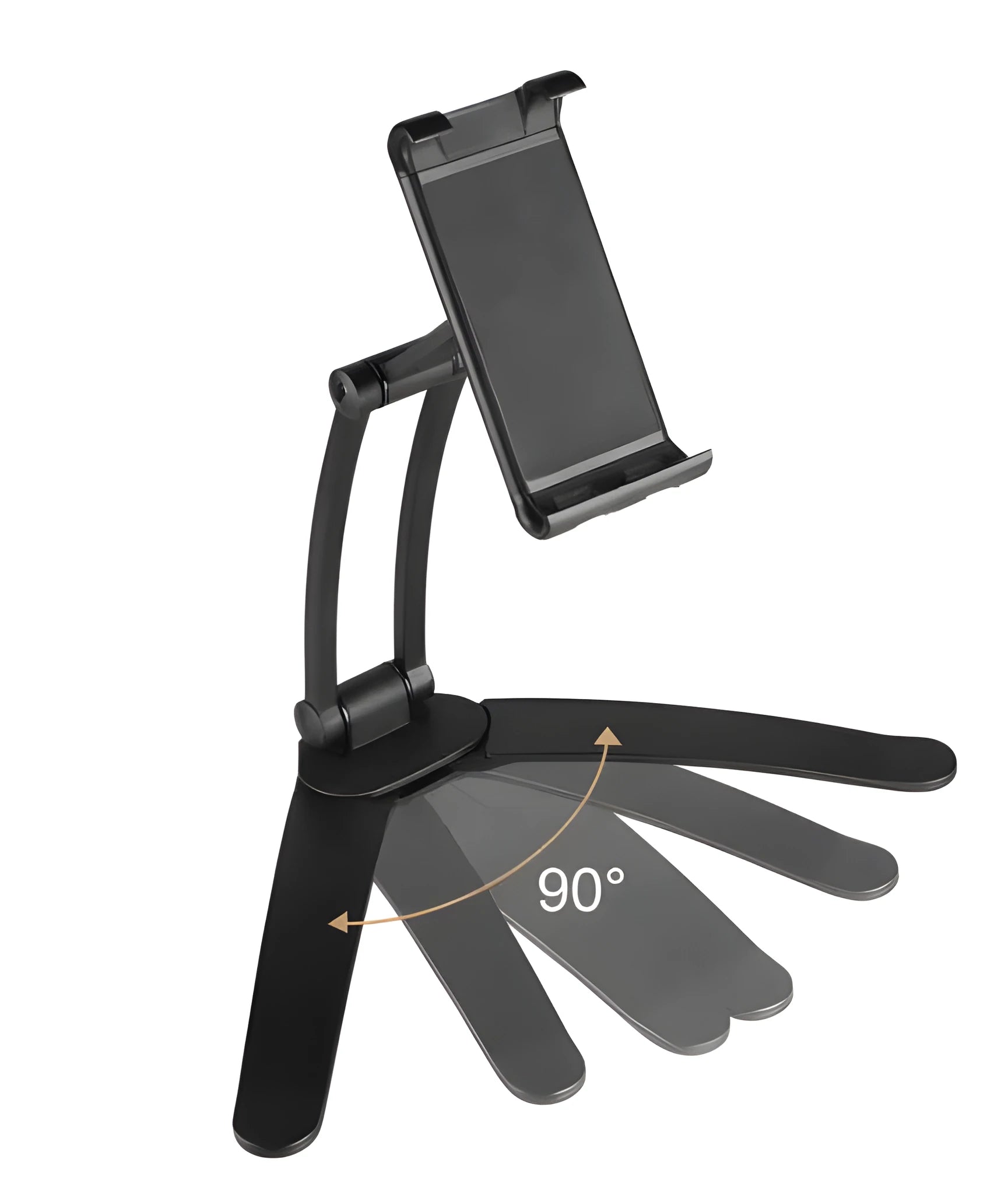 Silver aluminum alloy desktop stand holding a tablet, showing 360-degree adjustable arm and clamping mechanism.