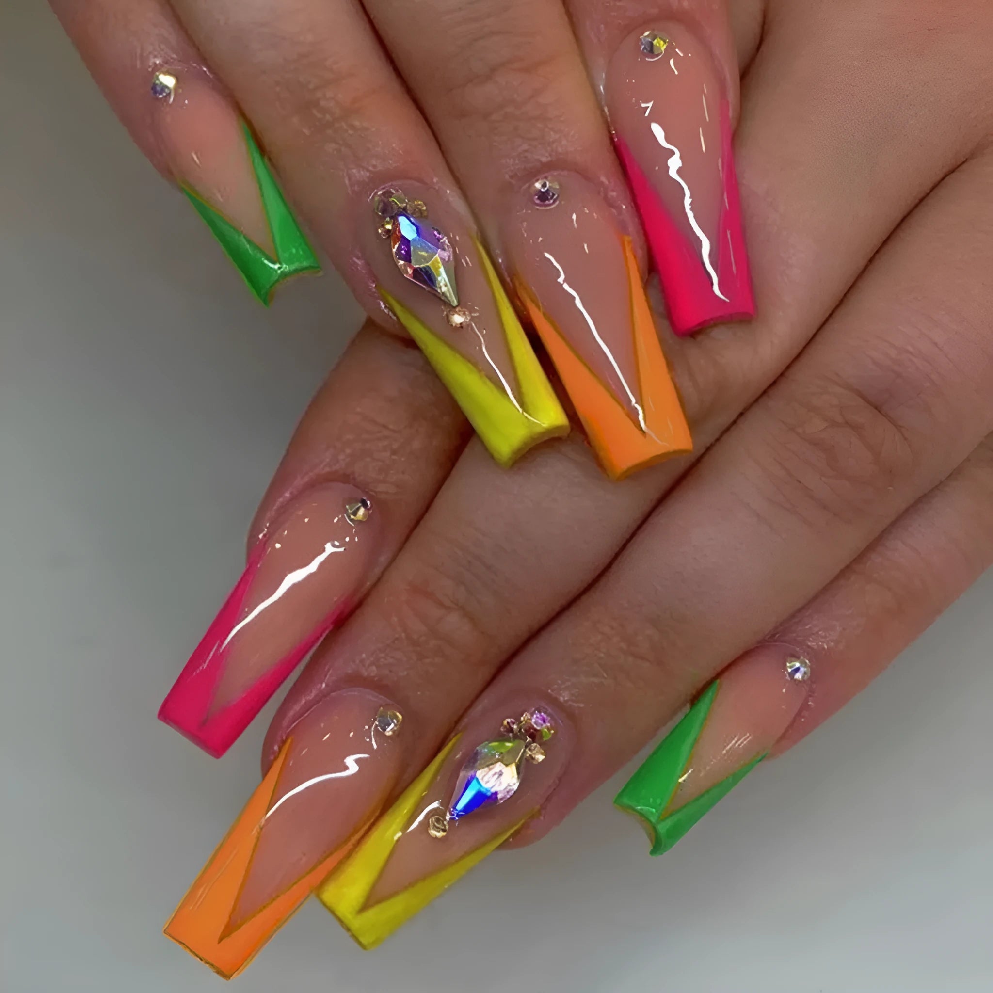 Diamond colour French false nail tips with red love heart and cross cartoon patterns.