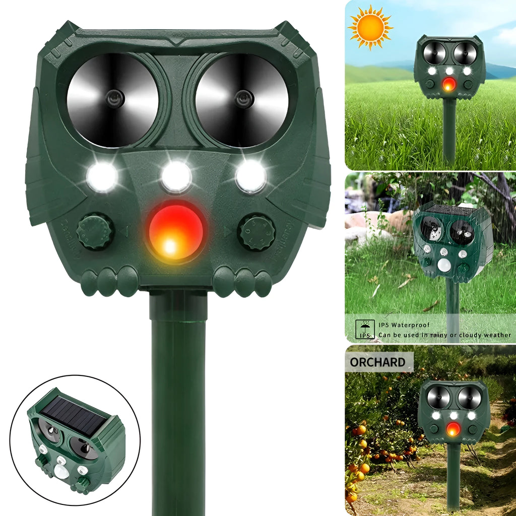 Green solar-powered ultrasonic animal repeller unit for outdoor pest control.