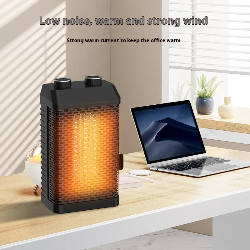 Black remote control desktop smart heater with compact rectangular design on a wooden surface.