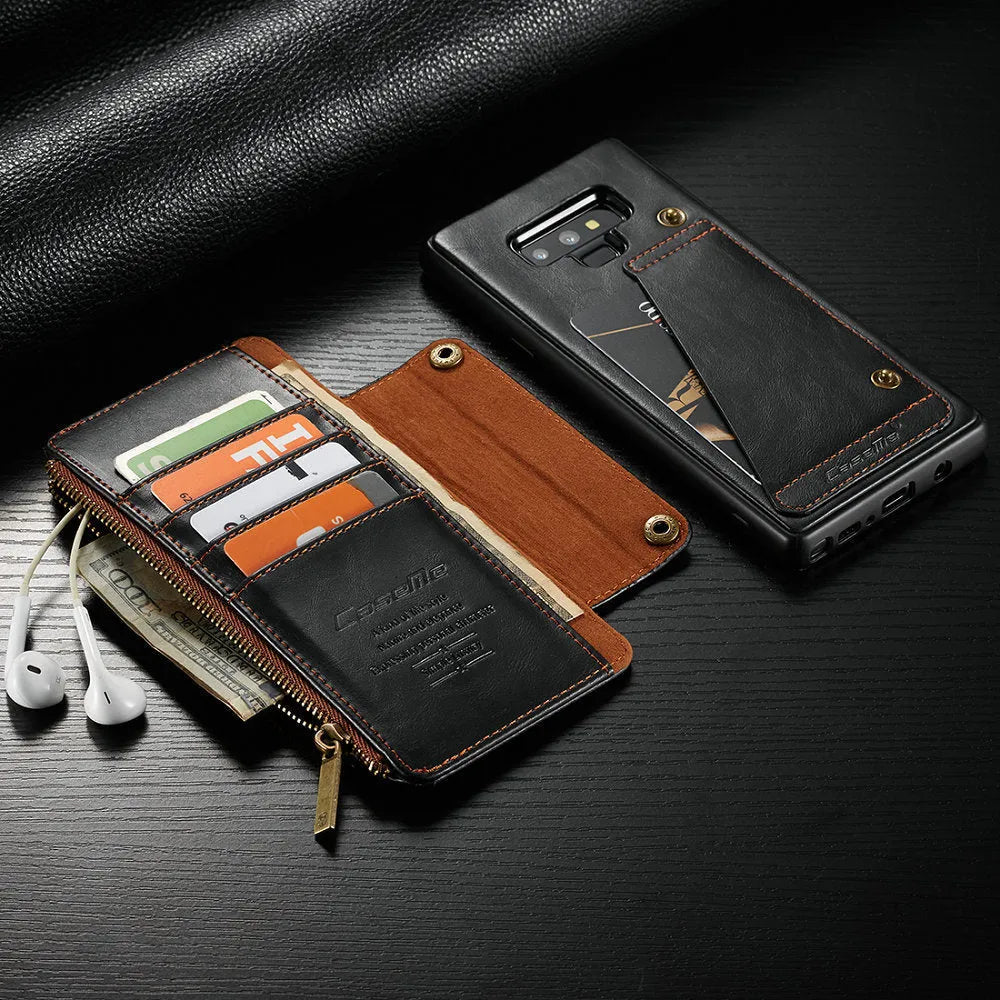 Black leather flip phone case for SAMSUNG Note9 showing front and back coverage