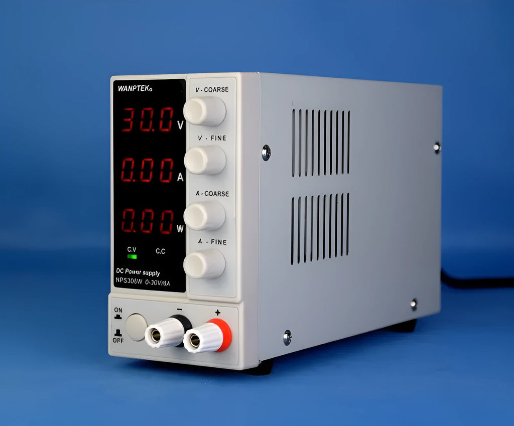 White adjustable DC bench power supply for mobile phone and notebook repair with voltage and current controls.