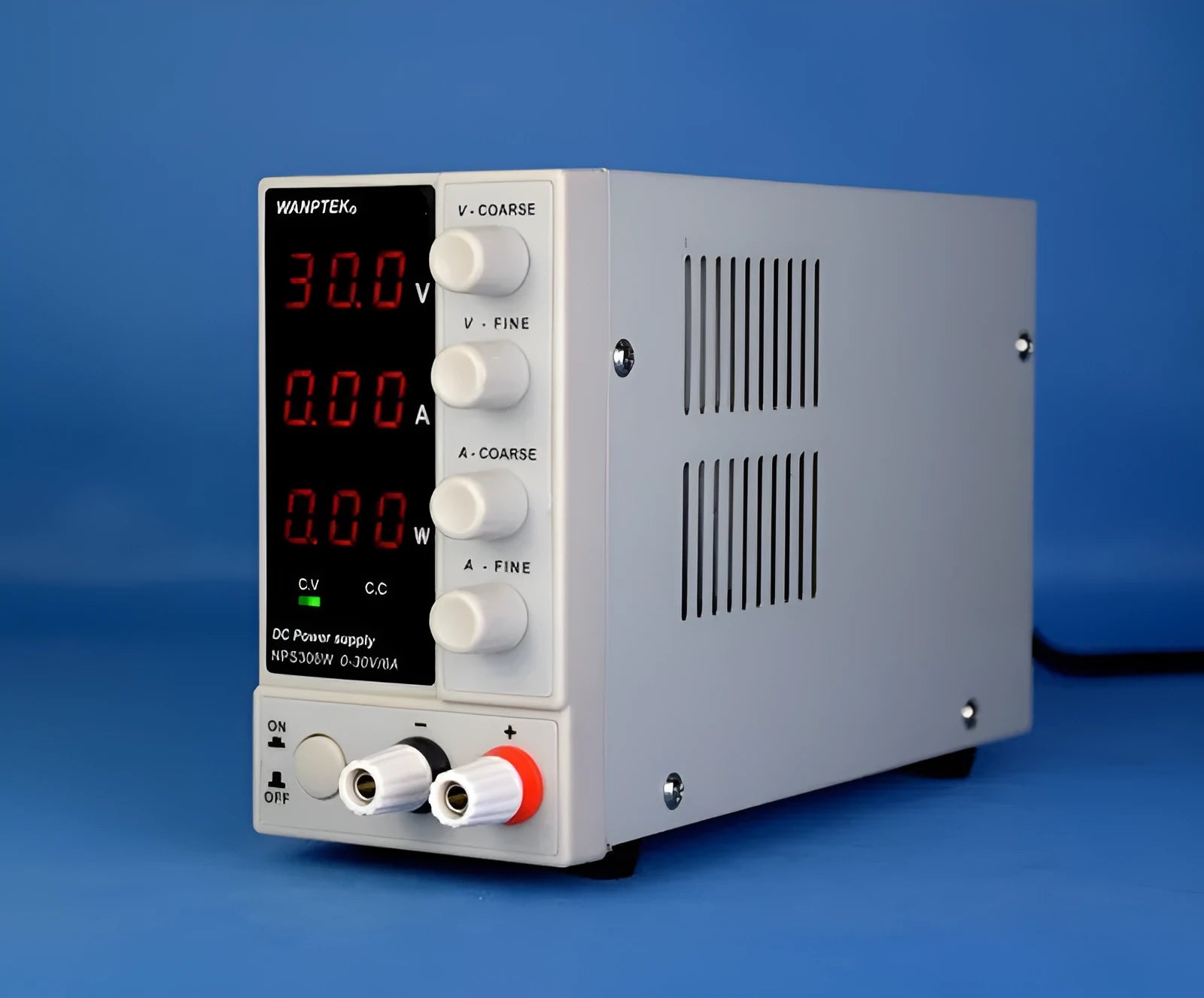 White adjustable DC bench power supply for mobile phone and notebook repair with voltage and current controls.