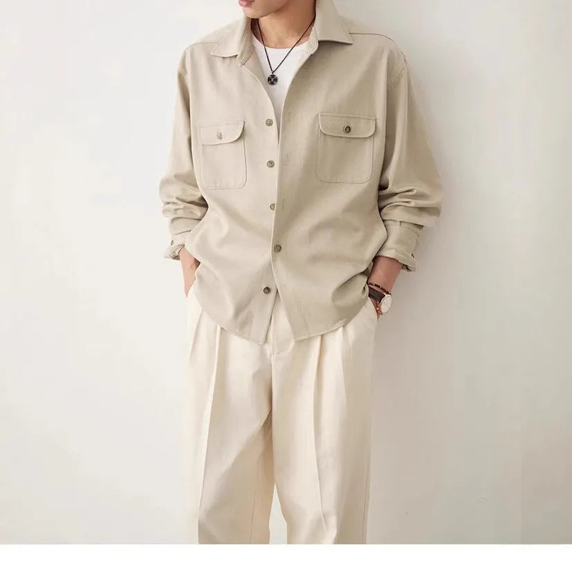 Men's cotton blend casual shirt with long sleeves in light sand rice colour with simple lapel