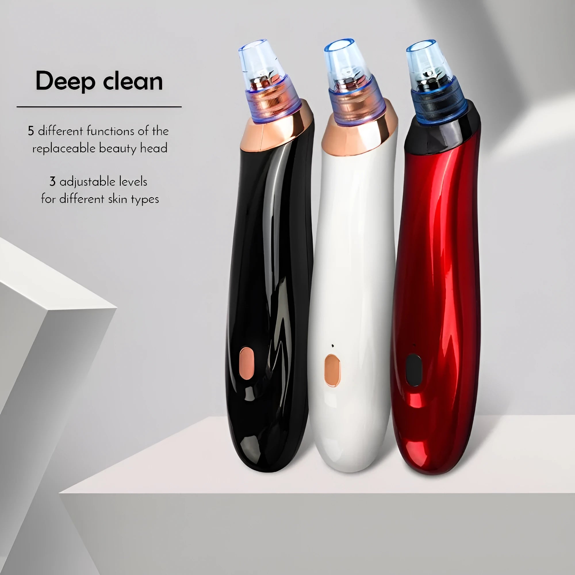 Electric blackhead remover device with interchangeable nozzles in black colour.