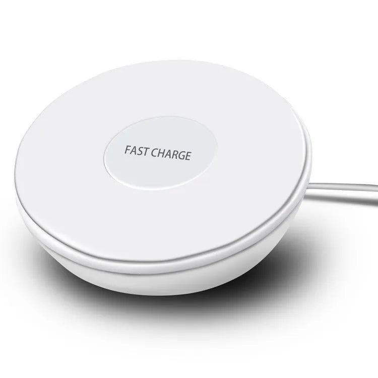 White QI wireless phone charger with digital clock display and three control buttons.