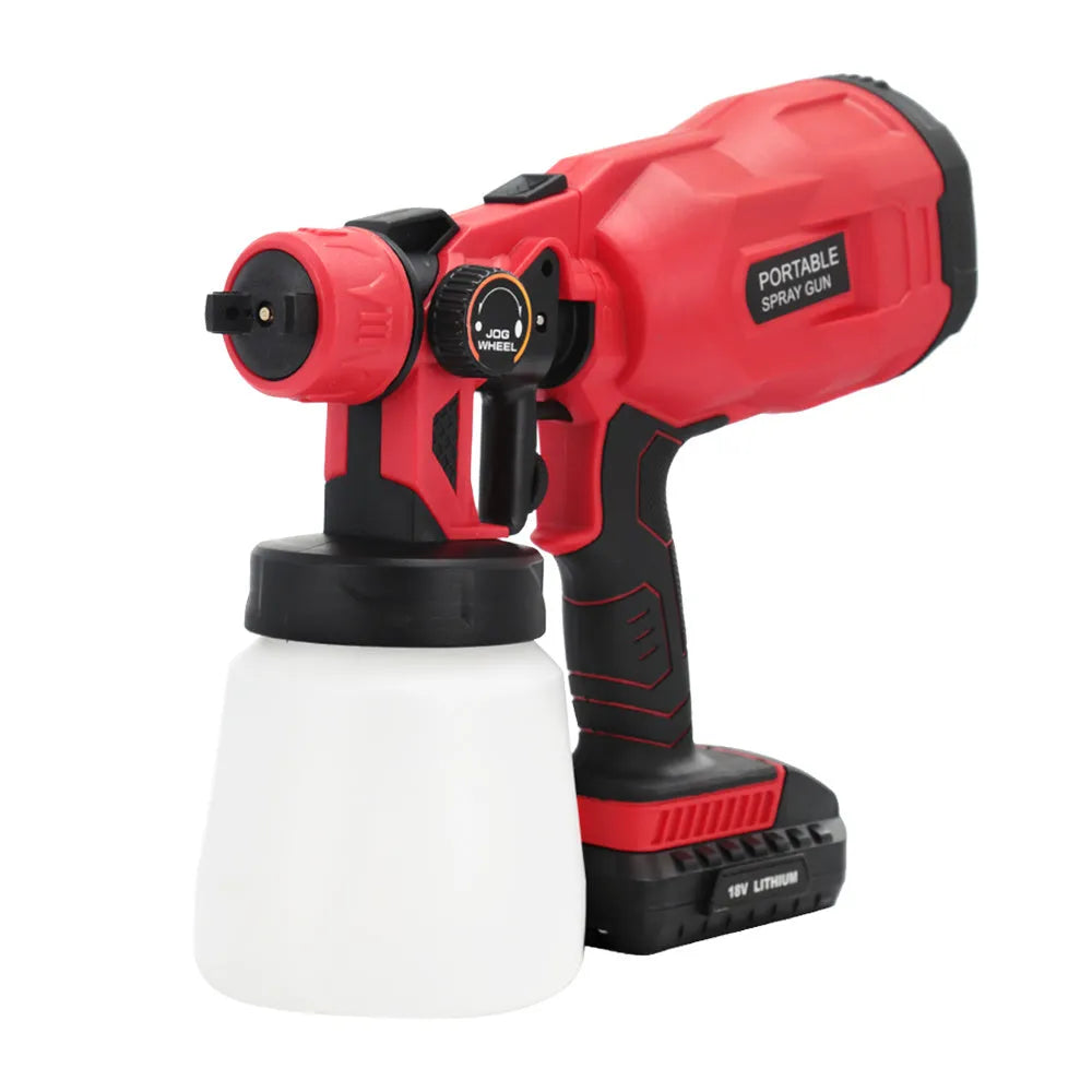 Blue cordless paint spraying machine with a large watering can and spray nozzle