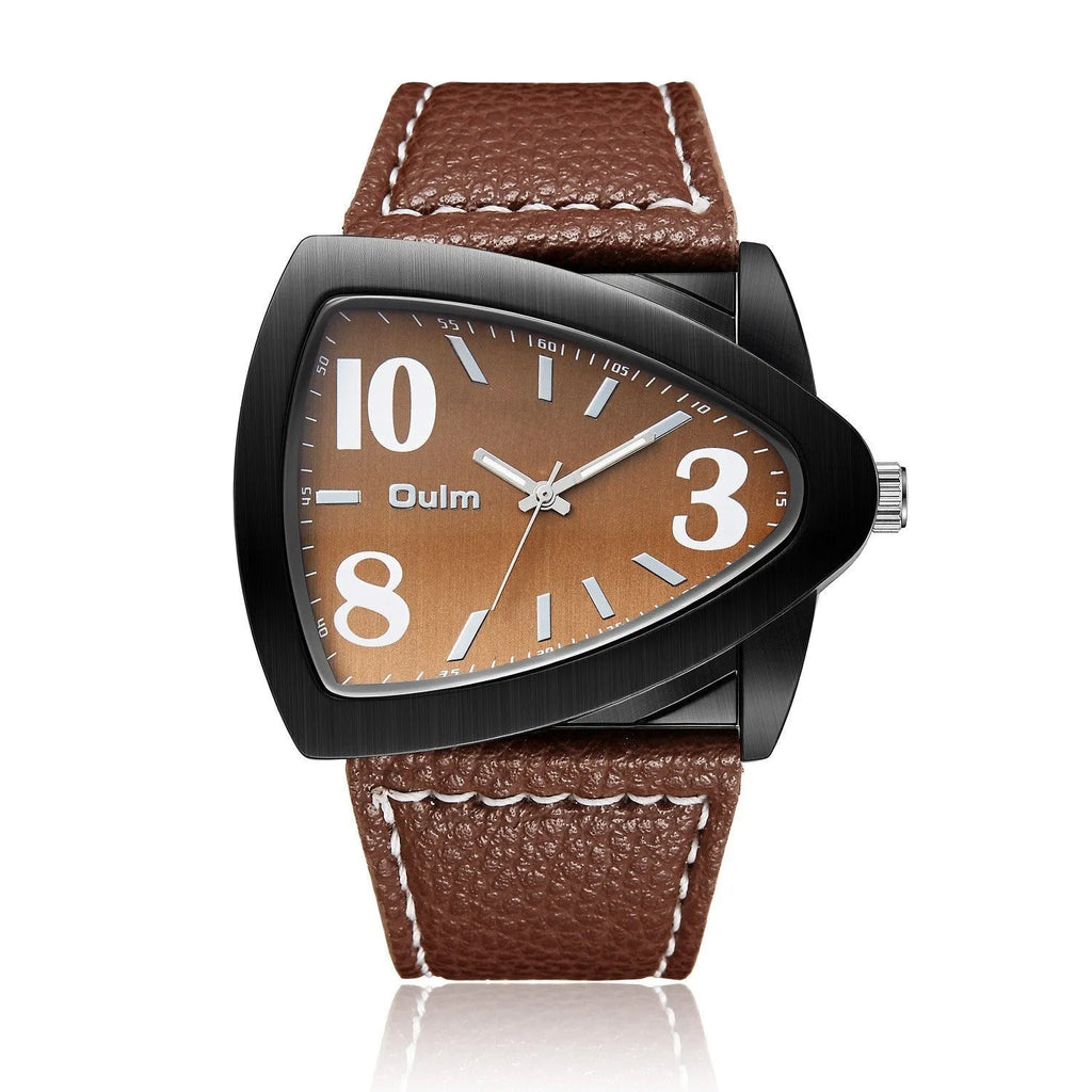 Men's casual watch with triangle pattern strap in choice of brown, black, or blue colour.
