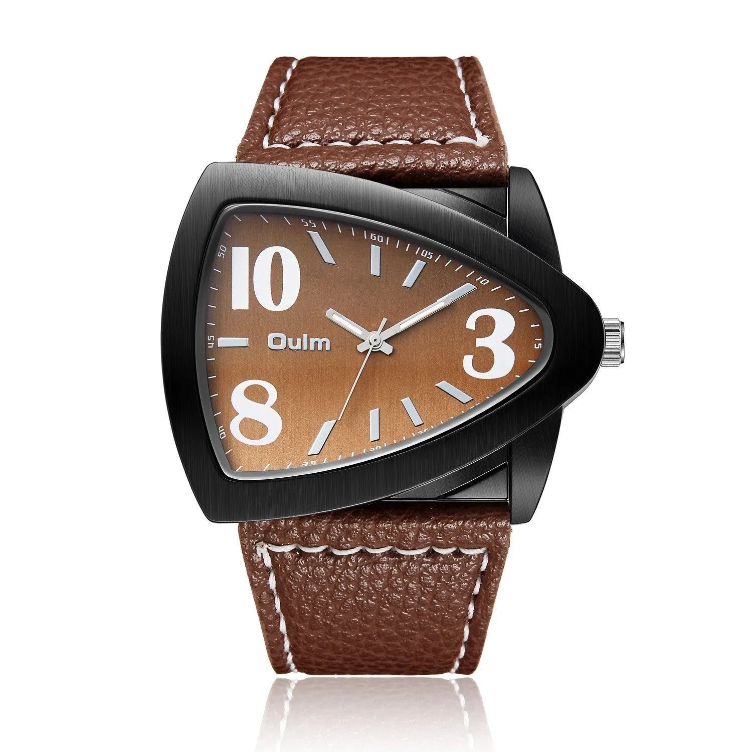 Men's casual watch with triangle pattern strap in choice of brown, black, or blue colour.